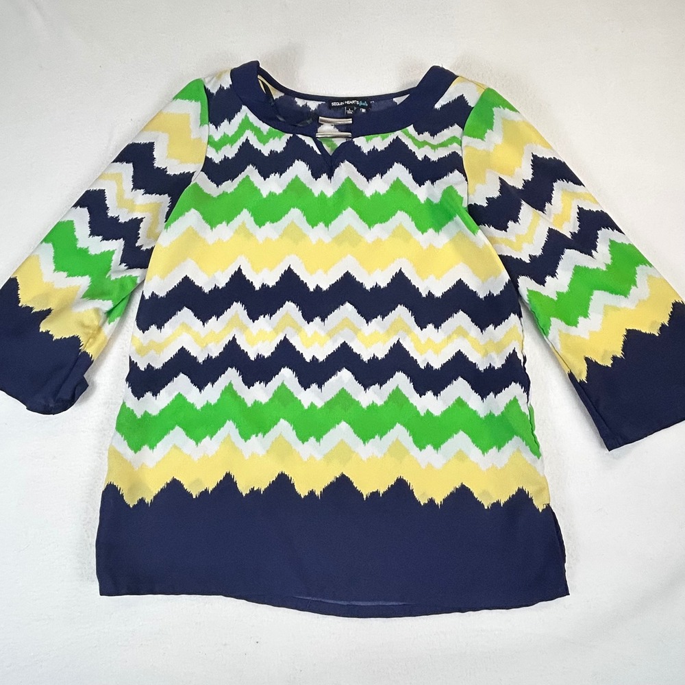 Sequin Hearts Girls Chevron‎ Blouse Navy Green Yellow 3/4 Sleeve Top Size L